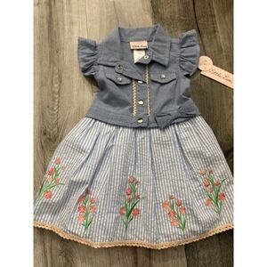Little Lass Denim Top‎ & Striped Dress Set Flower Embroidery 12M